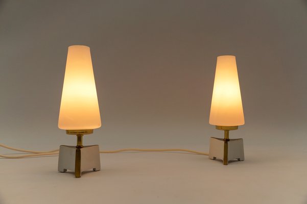 Petite Mid-Century Modern Massive Brass and Opaline Glass Table Lamps, 1950s , Set of 2-KQB-1743625