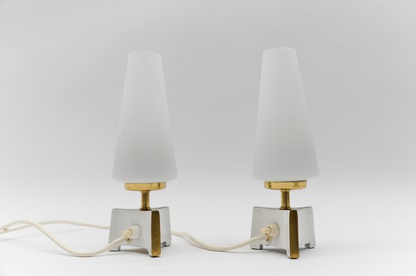 Petite Mid-Century Modern Massive Brass and Opaline Glass Table Lamps, 1950s , Set of 2-KQB-1743625