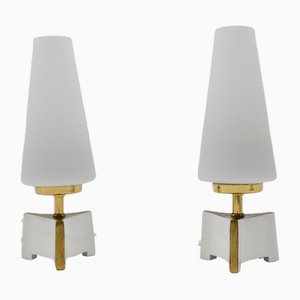 Petite Mid-Century Modern Massive Brass and Opaline Glass Table Lamps, 1950s , Set of 2-KQB-1743625