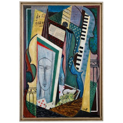 Petroff, Cubist Composition After Modigliani, 1980s, Oil on Board, Framed-KTN-951839