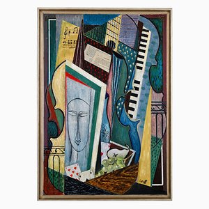 Petroff, Cubist Composition After Modigliani, 1980s, Oil on Board, Framed-KTN-951839