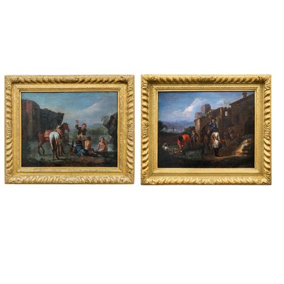 Philips Wouwerman, Knights in Front of a Coaching Inn and Knights and Bathers at a Stream, 1600s, Oil on Canvases, Set of 2-BEW-2023594