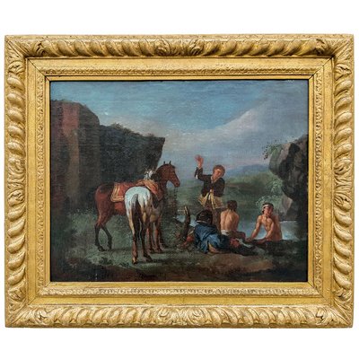 Philips Wouwerman, Knights in Front of a Coaching Inn and Knights and Bathers at a Stream, 1600s, Oil on Canvases, Set of 2-BEW-2023594