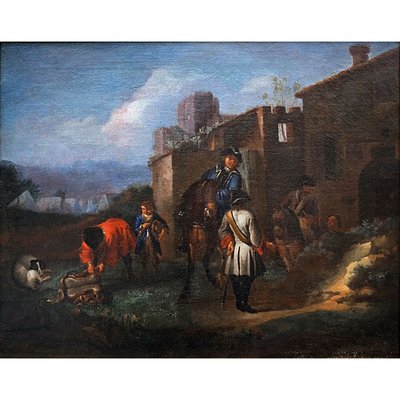 Philips Wouwerman, Knights in Front of a Coaching Inn and Knights and Bathers at a Stream, 1600s, Oil on Canvases, Set of 2-BEW-2023594