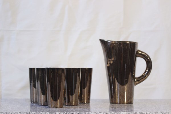 Pichet with Gold Ceramic Cups by Denise Gatard, France 1950s, Set of 7-WEQ-1339094