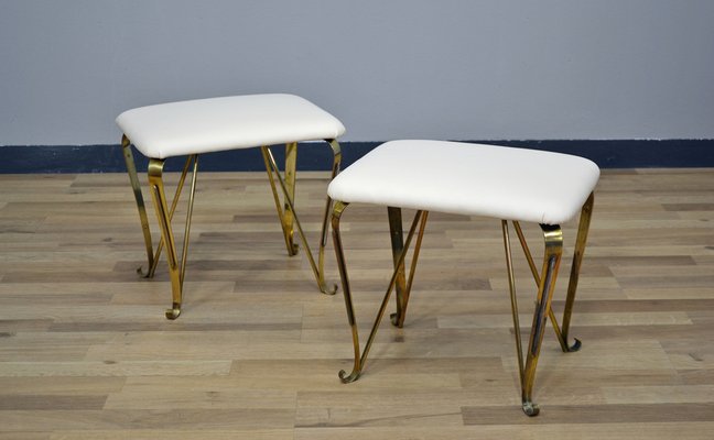 Pier Luigi Colli Style Brass & Eco-Leather Stools, Italy, 1940s, Set of 2-QZZ-1178055