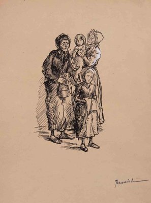 Pierre Georges Jeanniot, Poor Family, Original China Ink on Paper Drawing, Early 20th Century-ZCI-1380209