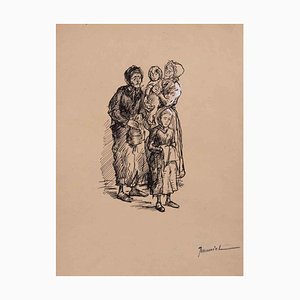 Pierre Georges Jeanniot, Poor Family, Original China Ink on Paper Drawing, Early 20th Century-ZCI-1380209