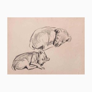 Pierre Georges Jeanniot, Puppies, Original Pencil on Paper Drawing, Early 20th Century-ZCI-1380204