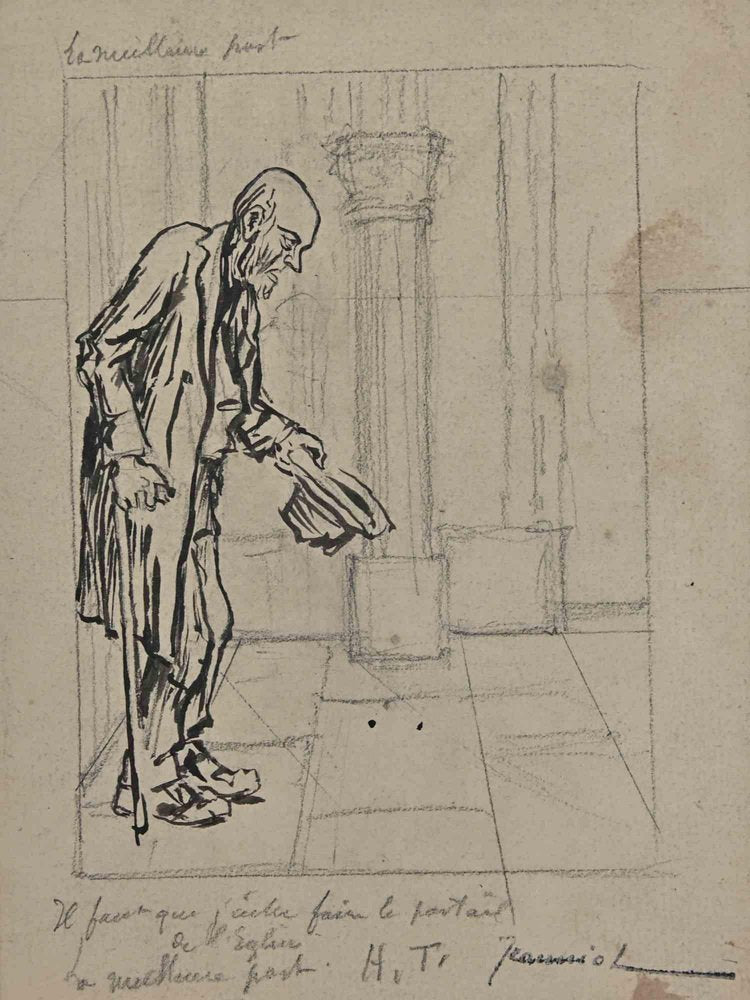 Pierre Georges Jeanniot, The Beggar, Charcoal Drawing, Early 20th-Century