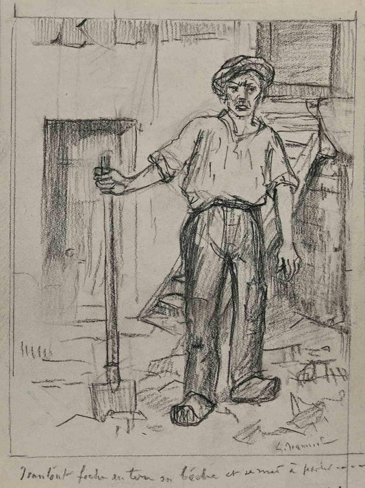 Pierre Georges Jeanniot, Worker, Original Drawing, Early 20th-Century