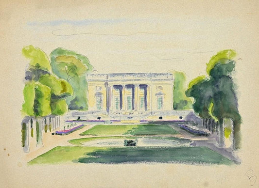 Pierre Segogne, Palace in the Park, Ink and Watercolor, Early 20th Century