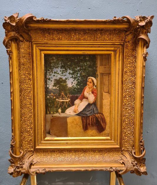 Pietro Bouvier, Young Woman Spinning, 1867, Oil on Canvas, Framed