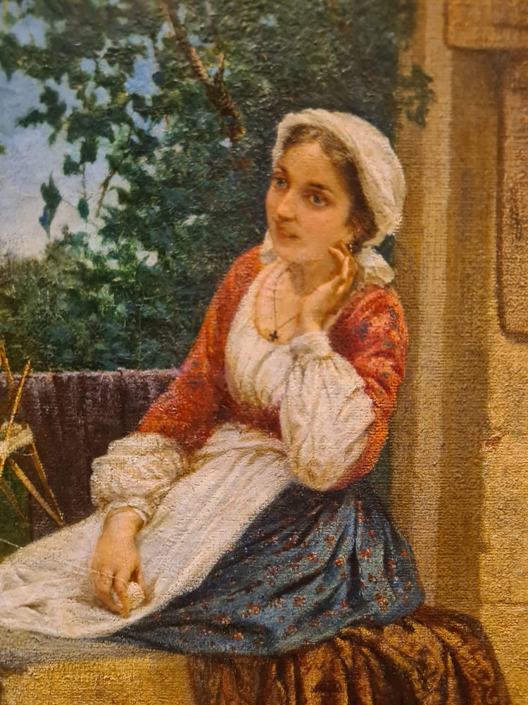 Pietro Bouvier, Young Woman Spinning, 1867, Oil on Canvas, Framed