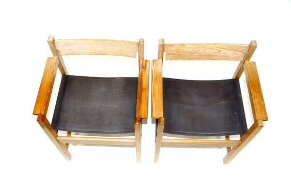 Pine & Canvas Armchairs, Sweden, 1970s, Set of 2-GEK-1347401