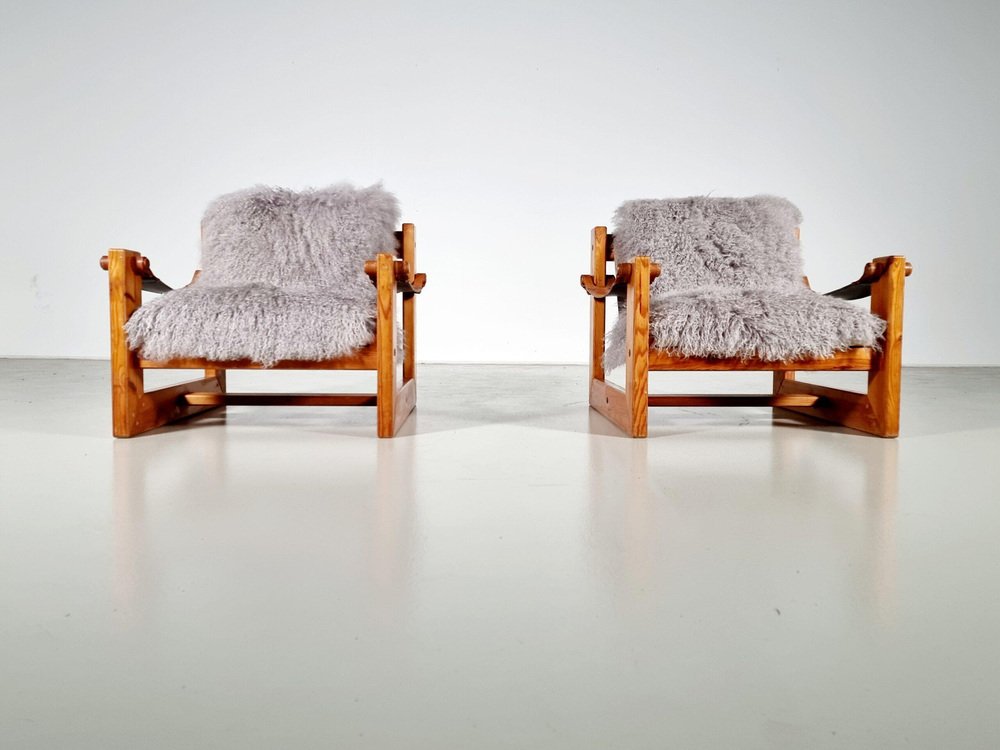 Pine Sling Armchairs, The Netherlands, 1970s, Set of 2