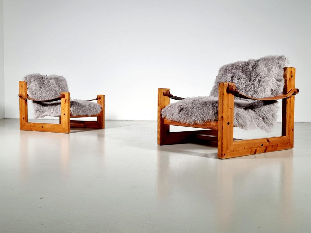 Pine Sling Armchairs, The Netherlands, 1970s, Set of 2