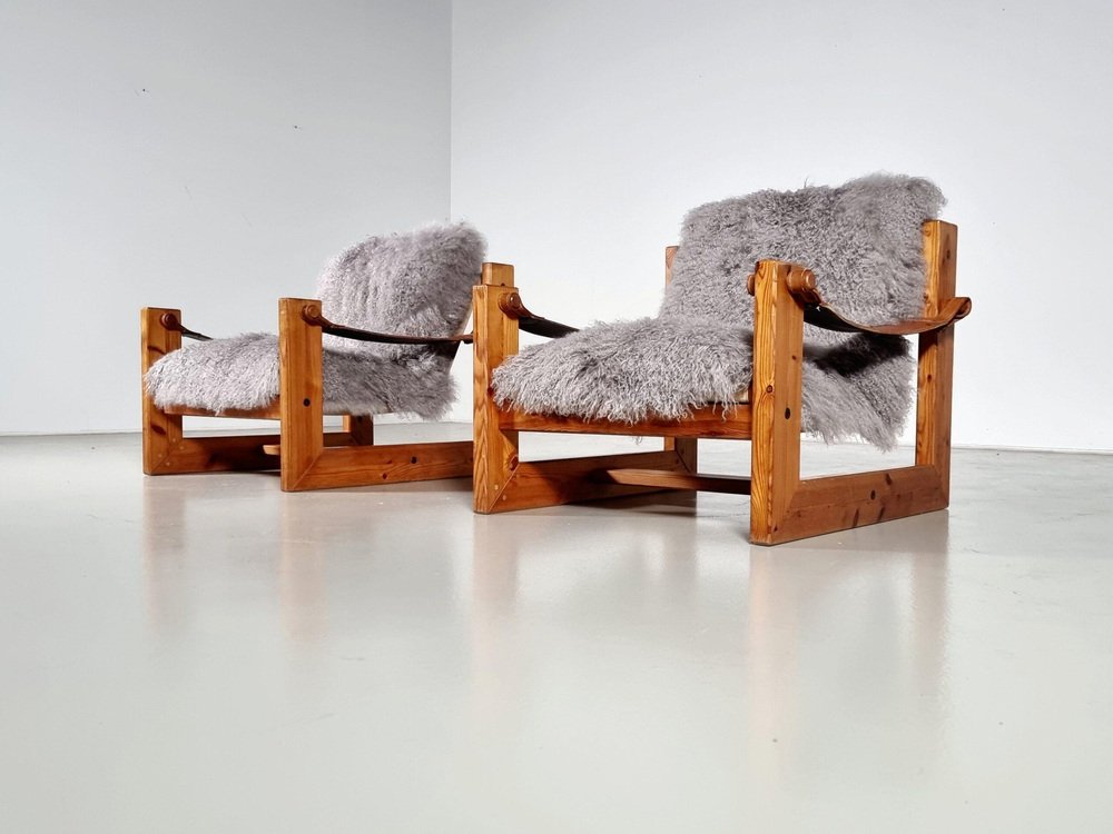 Pine Sling Armchairs, The Netherlands, 1970s, Set of 2