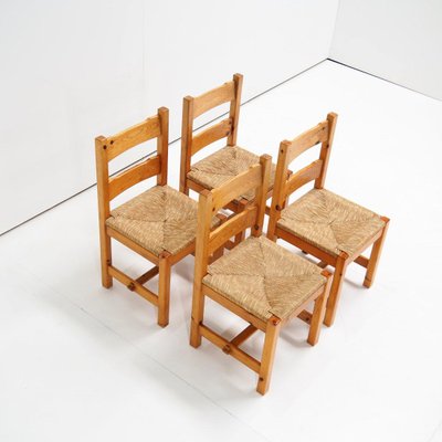 Pine Wood and Straw Seat Dining Chairs, 1970s, Set of 4-SV-887868