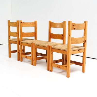 Pine Wood and Straw Seat Dining Chairs, 1970s, Set of 4-SV-887868