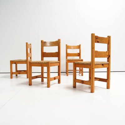 Pine Wood and Straw Seat Dining Chairs, 1970s, Set of 4-SV-887868