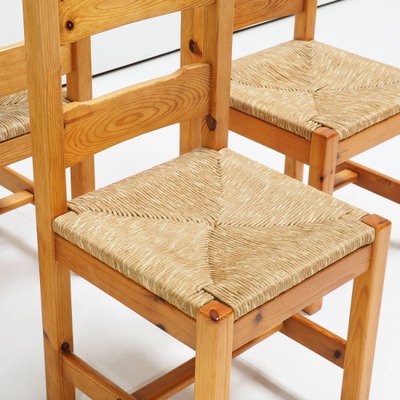 Pine Wood and Straw Seat Dining Chairs, 1970s, Set of 4-SV-887868