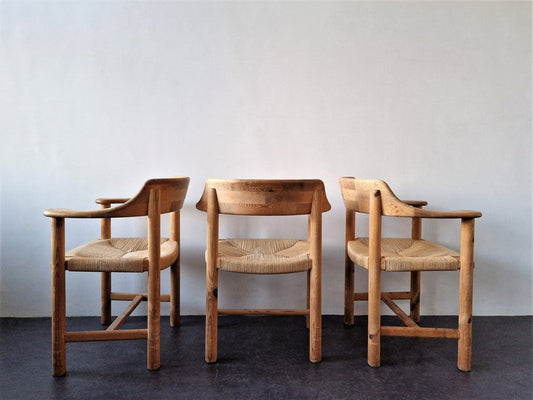 Pine Wood Armchairs with Papercord Seats from Gramrode Møbelfabrik, Denmark, 1970s, Set of 3