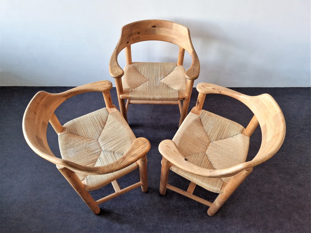 Pine Wood Armchairs with Papercord Seats from Gramrode Møbelfabrik, Denmark, 1970s, Set of 3