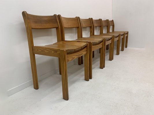 Pine Wood Dining Chairs, 1970s, Set of 6-BGP-1325282