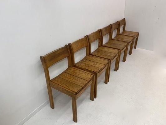 Pine Wood Dining Chairs, 1970s, Set of 6-BGP-1325282