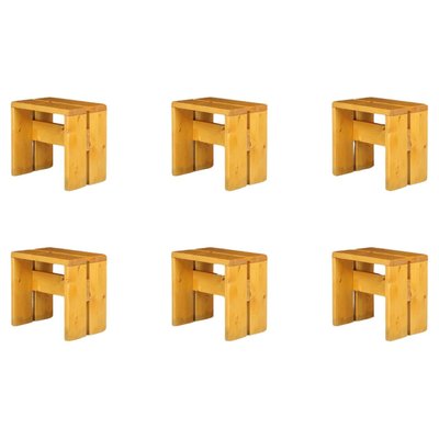 Pine Wood Stools attributed to Charlotte Perriand for Les Arcs, France, 1960s, Set of 6-TRW-1797133