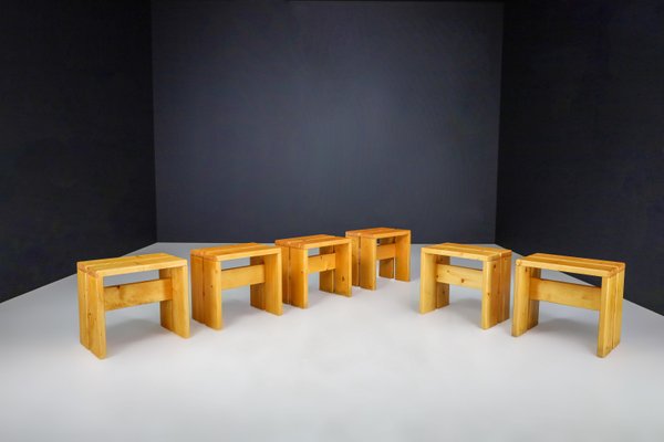 Pine Wood Stools attributed to Charlotte Perriand for Les Arcs, France, 1960s, Set of 6-TRW-1797133