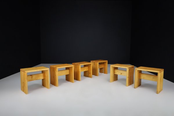 Pine Wood Stools attributed to Charlotte Perriand for Les Arcs, France, 1960s, Set of 6-TRW-1797133