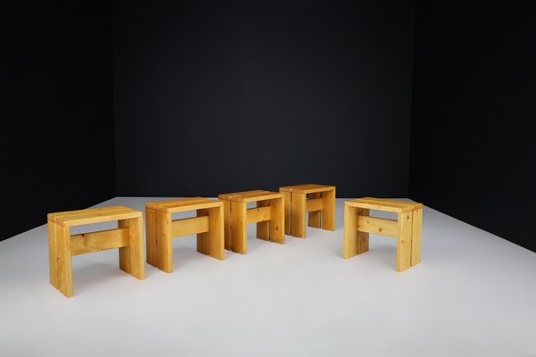 Pine Wood Stools attributed to Charlotte Perriand for Les Arcs, France, 1960s, Set of 6-TRW-1797133