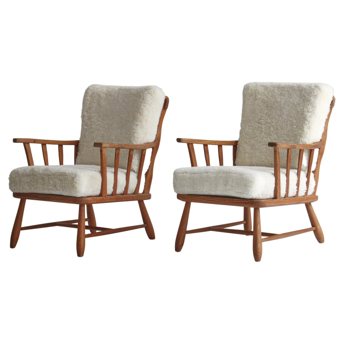 Pinewood & Sheepskin Lounge Chairs, Sweden, 1940s, Set of 2