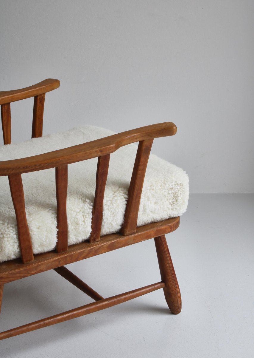 Pinewood & Sheepskin Lounge Chairs, Sweden, 1940s, Set of 2