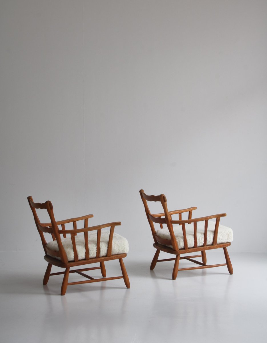 Pinewood & Sheepskin Lounge Chairs, Sweden, 1940s, Set of 2