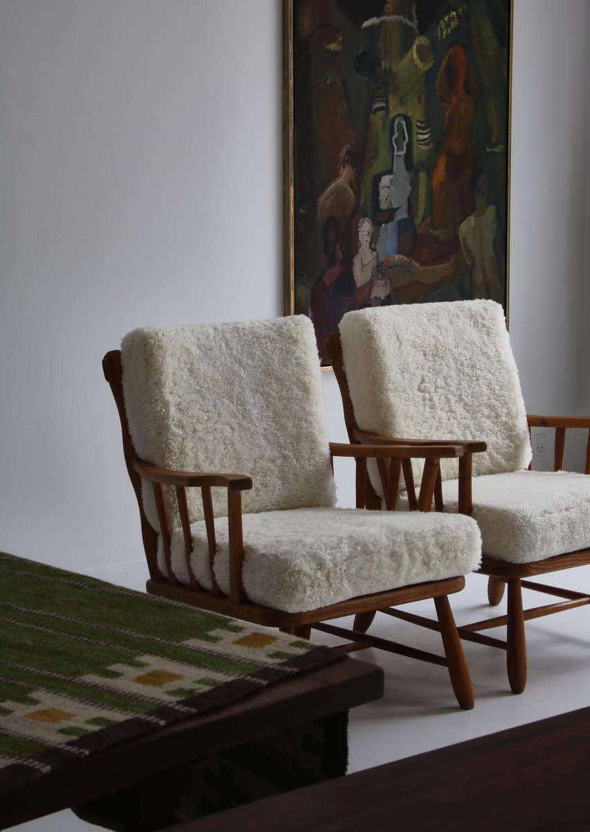 Pinewood & Sheepskin Lounge Chairs, Sweden, 1940s, Set of 2