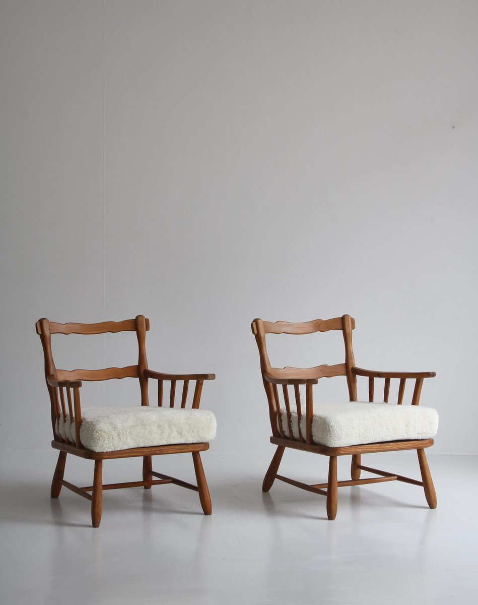 Pinewood & Sheepskin Lounge Chairs, Sweden, 1940s, Set of 2