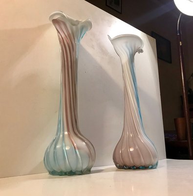 Pink, Blue and White Twisted Murano Glass Vases, 1940s, Set of 2-LCR-838730