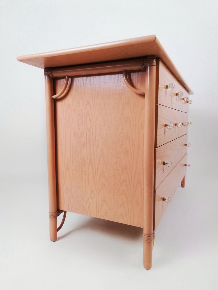 Pink Chest of Drawers in Bamboo, Oak Wood and Leather by Italo Gasparucci, 1970s