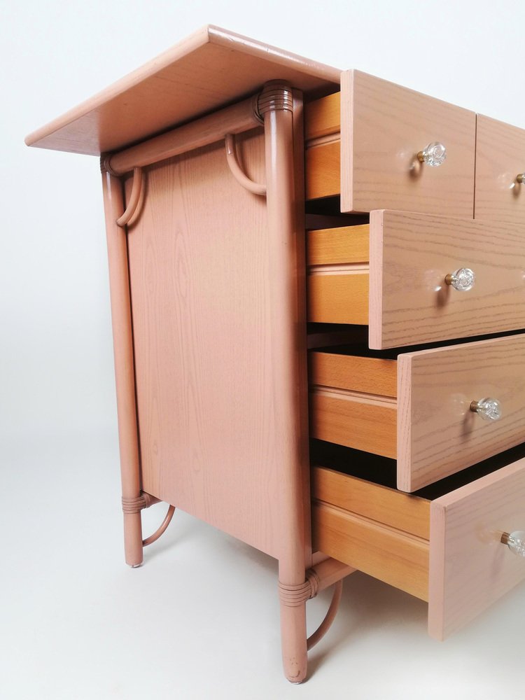 Pink Chest of Drawers in Bamboo, Oak Wood and Leather by Italo Gasparucci, 1970s