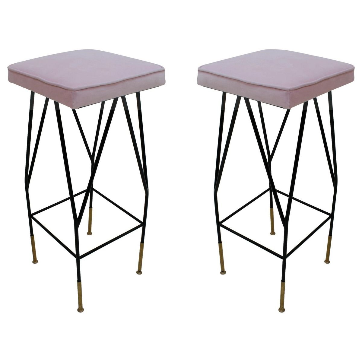 Pink Cotton Velvet and Black Lacquered Metal Italian Stool