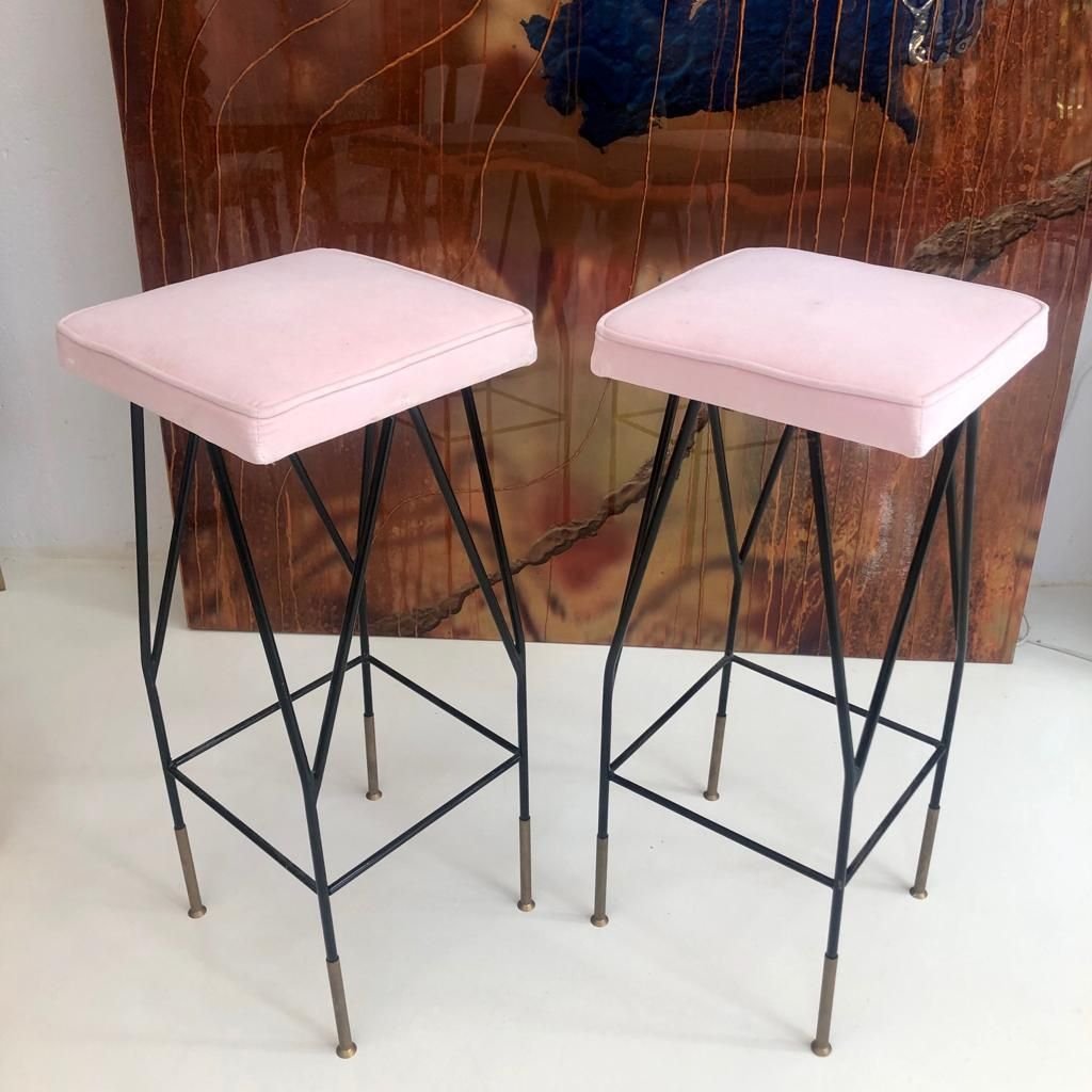 Pink Cotton Velvet and Black Lacquered Metal Italian Stool