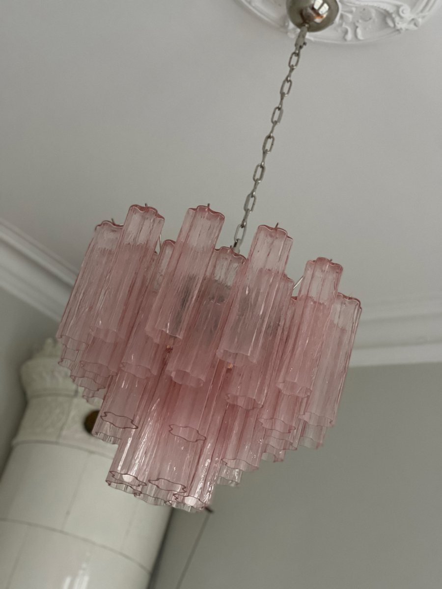 Pink Murano Chandelier with Tubular Prisms