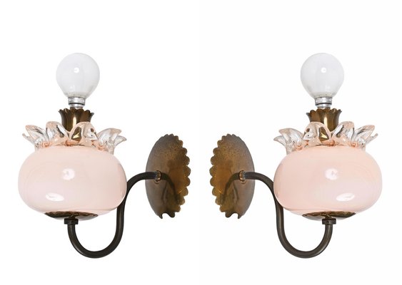 Pink Murano Glass and Brass Sconces in the style of Archimede Seguso, 1940s, Set of 2-JDR-1369951