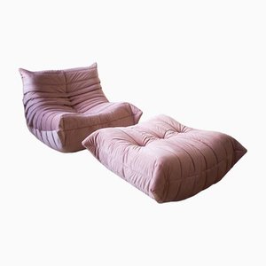 Pink Pearl Velvet Togo Lounge Chair and Pouf by Michel Ducaroy for Ligne Roset, Set of 2-IXA-1309449