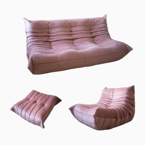 Pink Pearl Velvet Togo Lounge Chair, Pouf and 3-Seat Sofa by Michel Ducaroy for Ligne Roset, Set of 3-IXA-995730