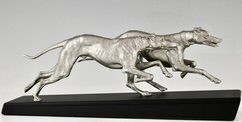 Plagnet, Art Deco Sculpture of Greyhounds, 1930, Metal & Marble-KTN-1730003