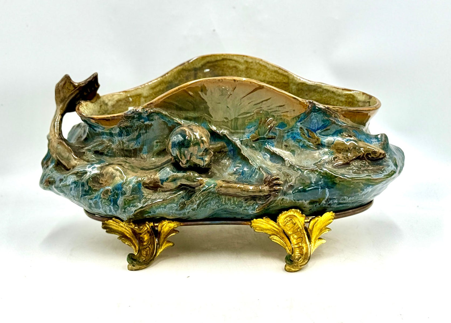 Planter with Newt Swimming Among Fish on a Bronze and Gilded Brass Base, Late 19th Century